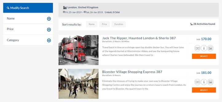 Interface of Sightseeing in Travel Cloud Suite